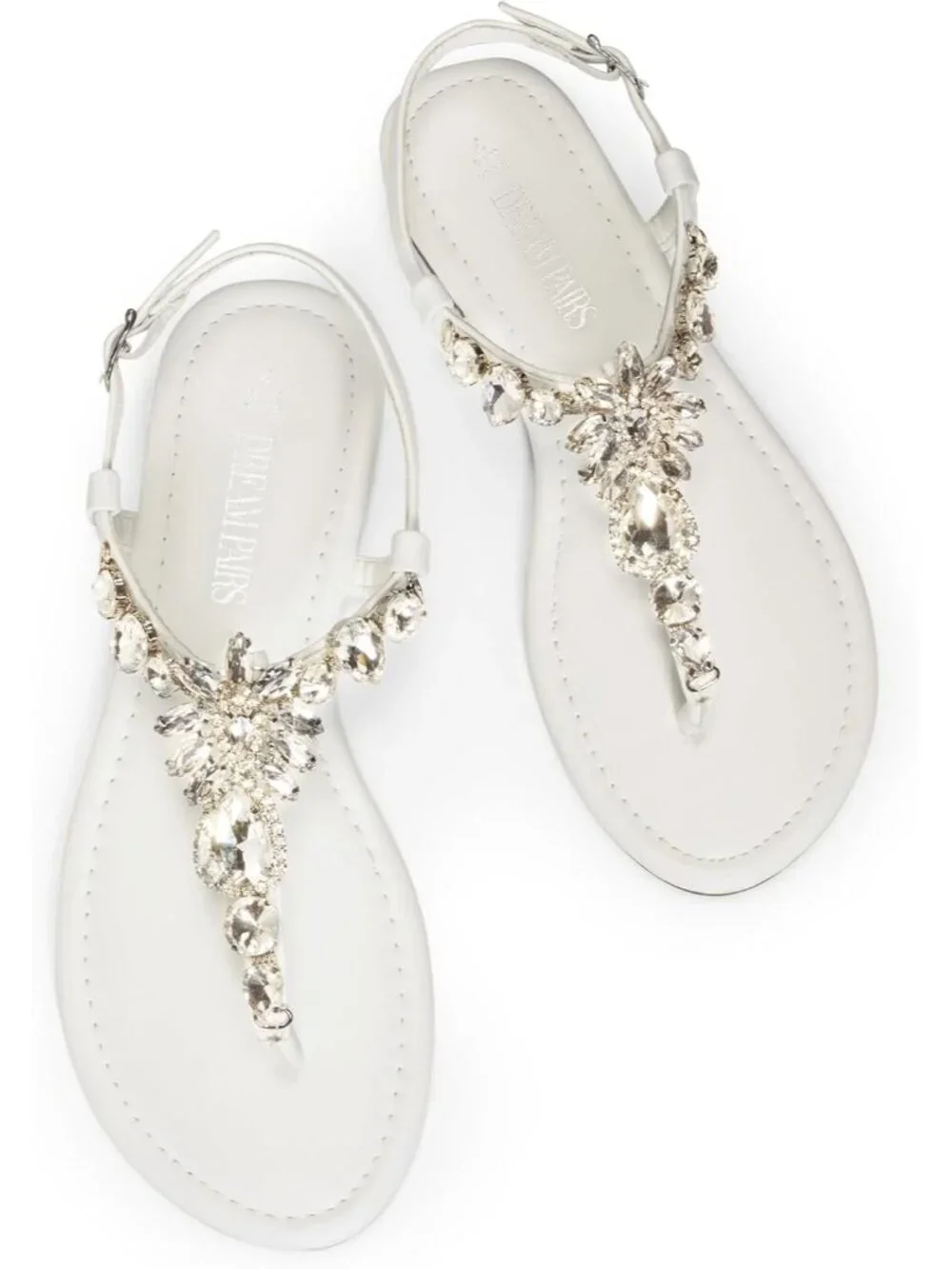 Dream Pairs Women's White Thong Sparkle Rhinestone Comfortable Flat Sandals